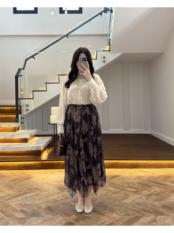 ASİMETRİK KESİM KAHVE ŞİFON ETEK-1293