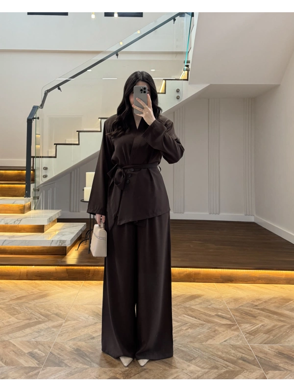 KAHVE VATKALI ASİMETRİK CEKETLİ TAKIM-60609