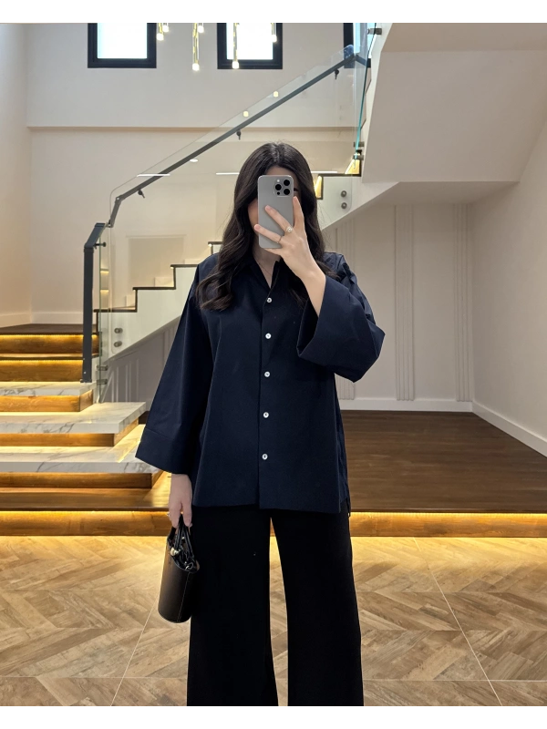 LACİVERT OVERSİZE DUBLE KOL GÖMLEK-5411