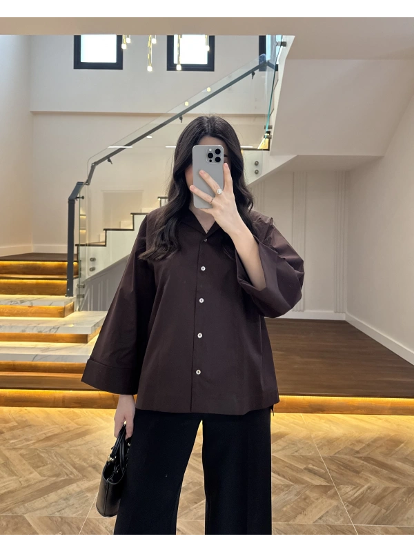 KAHVE OVERSİZE DUBLE KOL GÖMLEK-5411