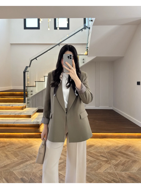 HAKİ ÇİZGİLİ ASTARLI BLAZER CEKET -7560