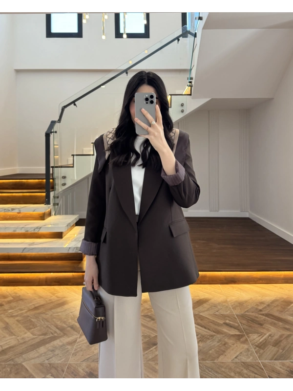 KAHVE ÇİZGİLİ ASTARLI BLAZER CEKET -7560