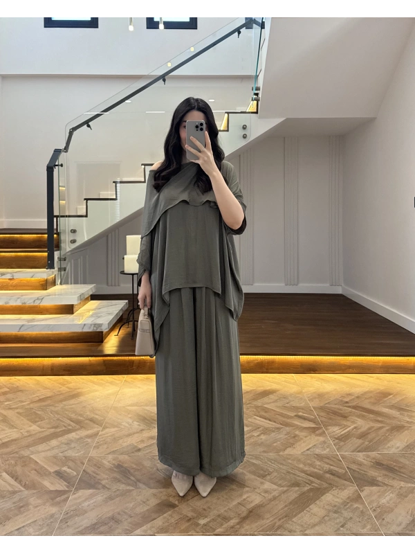 HAKİ ASİMETRİK KESİM OVERSİZE BLUZ PANTOLON TAKIM-1332