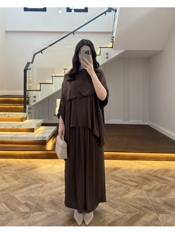 KAHVE ASİMETRİK KESİM OVERSİZE BLUZ PANTOLON TAKIM-1332