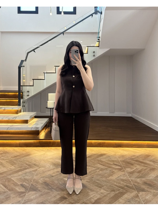 KAHVE VOLANLI YELEKLİ TAKIM-8906