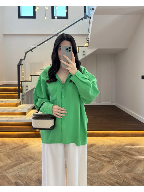 YEŞİL DÜŞÜK OMUZLU MODAL GÖMLEK -5050