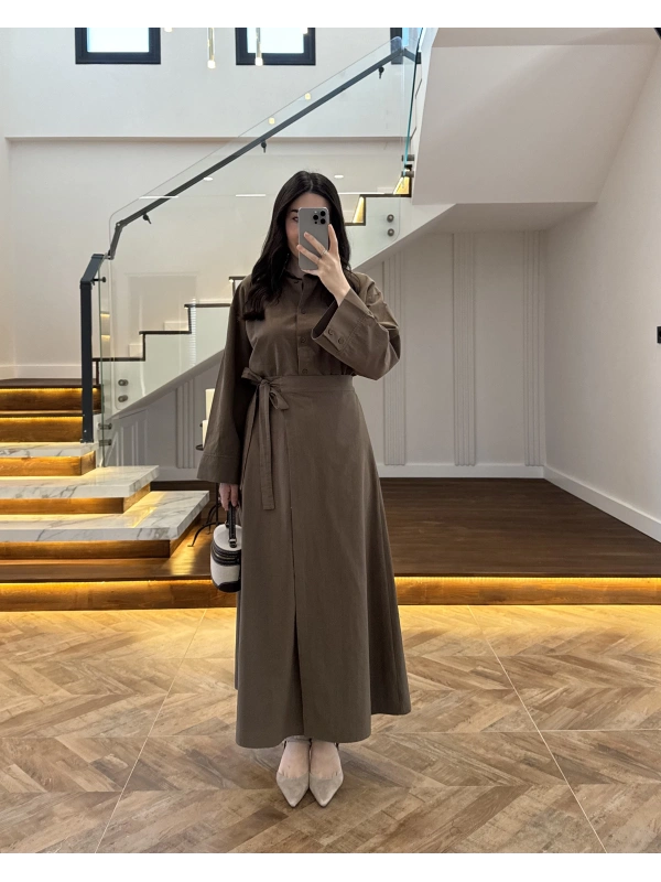 HAKİ HAM KETEN ETEK GÖMLEK TAKIM-8973