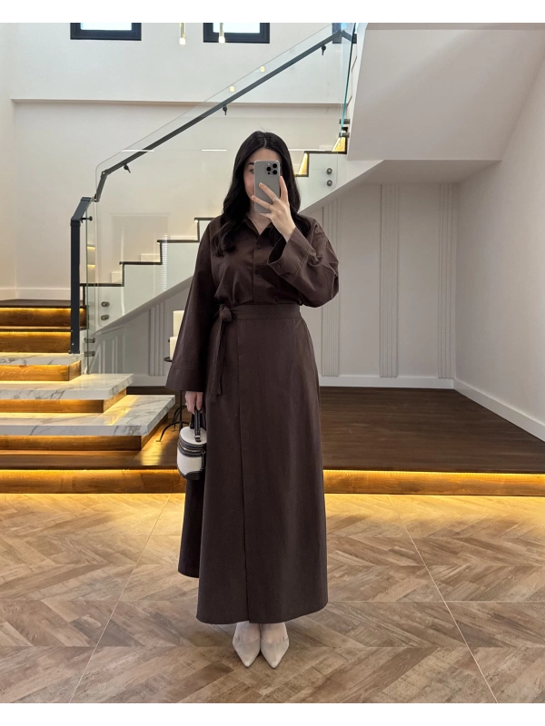 KAHVE HAM KETEN ETEK GÖMLEK TAKIM-8973