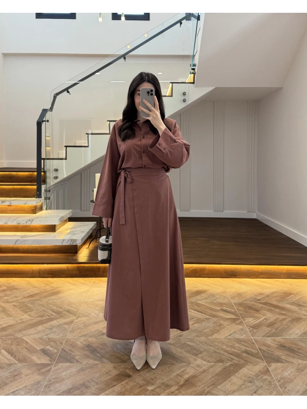 KİREMİT HAM KETEN ETEK GÖMLEK TAKIM-8973