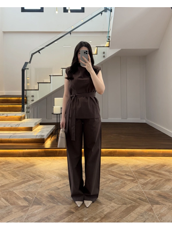 KAHVE DEGAJE YAKA KEMERLİ TAKIM -8965