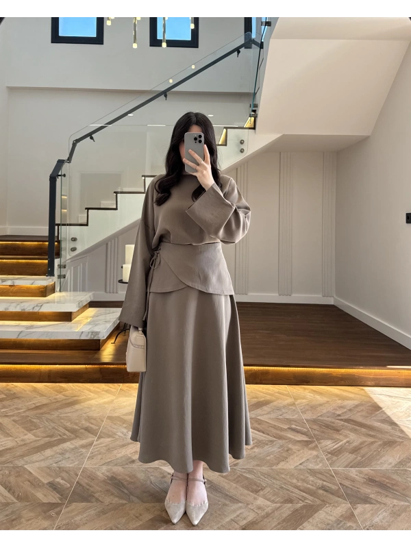 HAKİ TASARIM ETEK BLUZ TAKIM -9034