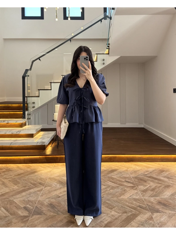 LACİVERT ÖNÜ BAĞLAMALI BALON KOL TAKIM-267328