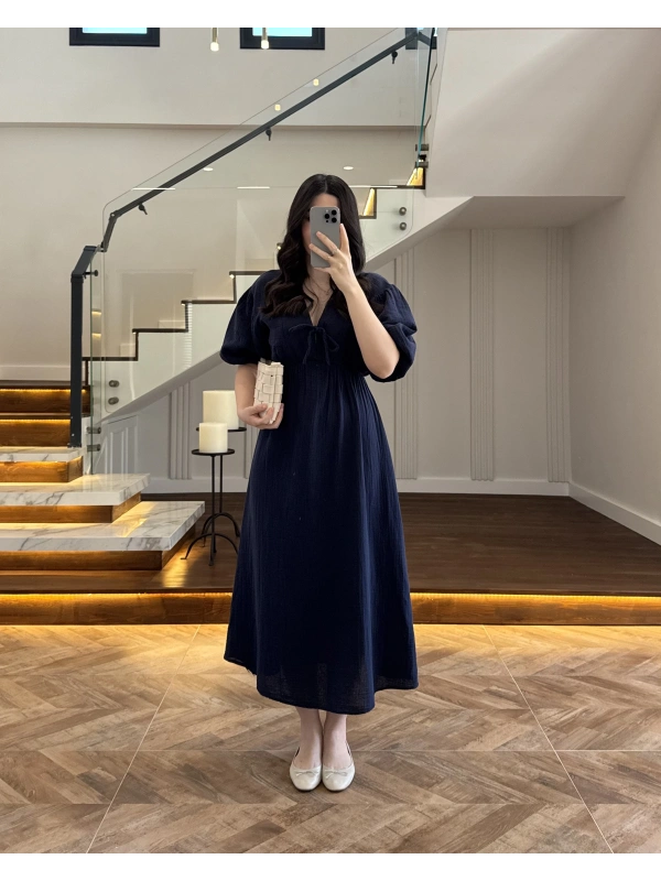 LACİVERT MÜSLİN ELBİSE-3008