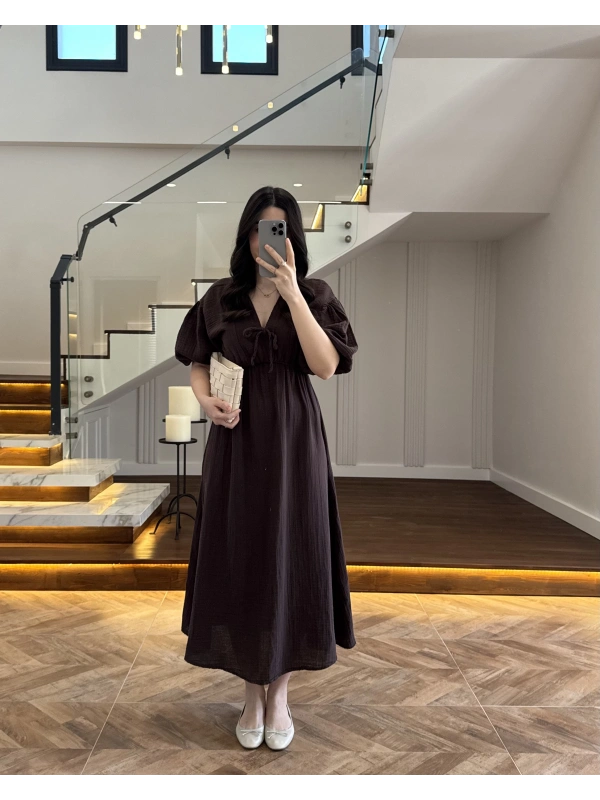 KAHVE MÜSLİN ELBİSE-3008