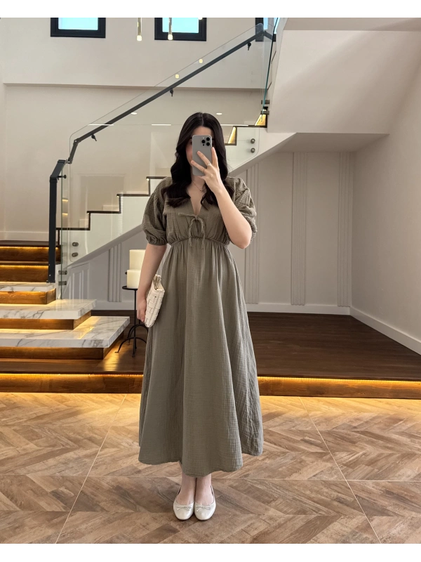 HAKİ MÜSLİN ELBİSE-3008