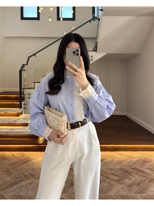 MAVİ ÇİZGİLİ GÜPÜRLÜ GÖMLEK -1326