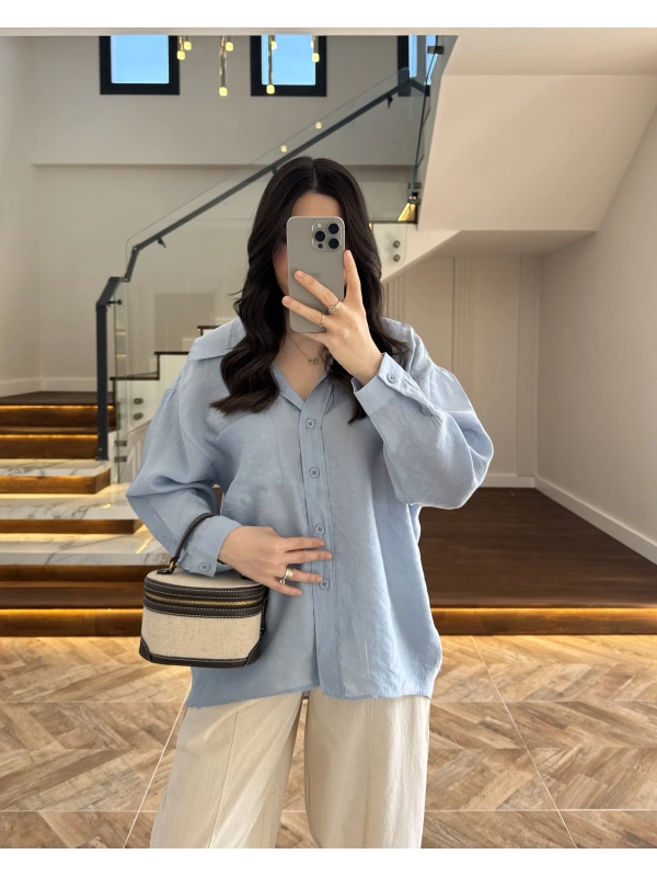 MAVİ DÜŞÜK OMUZ TENSEL GÖMLEK-4612