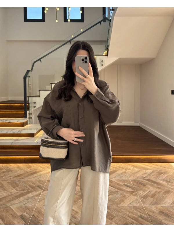 HAKİ DÜŞÜK OMUZ TENSEL GÖMLEK-4612