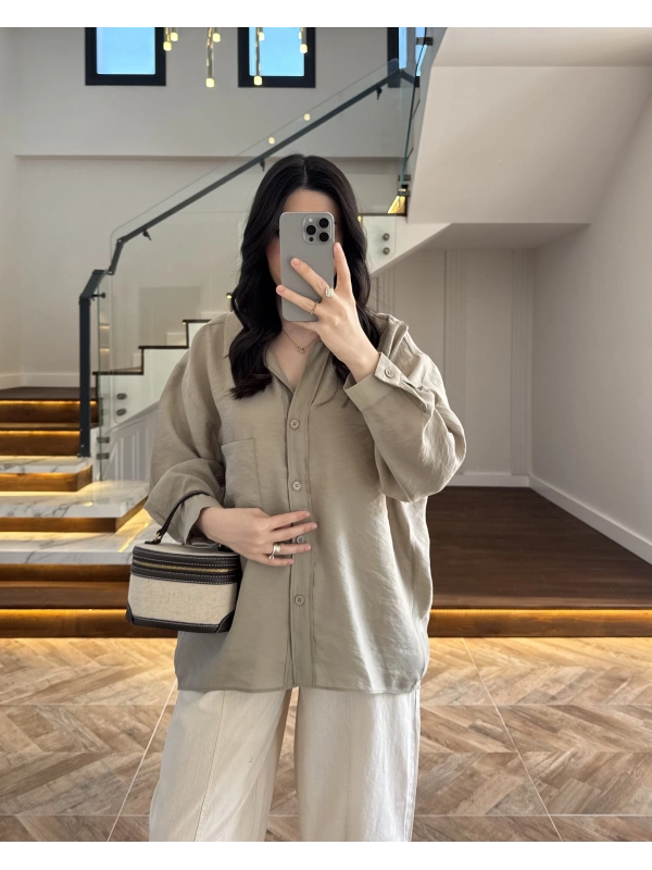 OLİVE DÜŞÜK OMUZ TENSEL GÖMLEK-4612