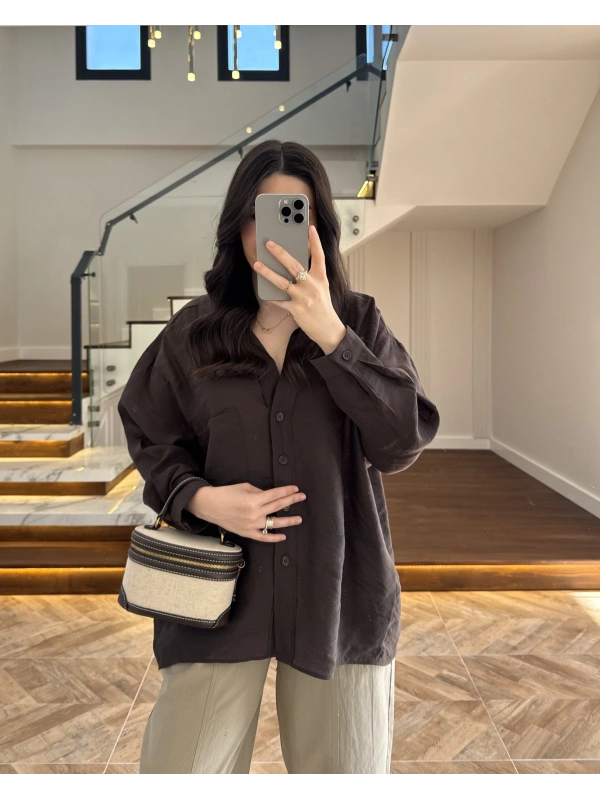 KAHVE DÜŞÜK OMUZ TENSEL GÖMLEK-4612