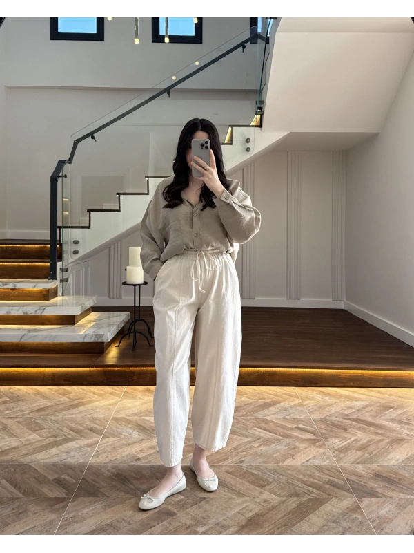 LASTİKLİ ŞALVAR PANTOLON NATURAL-3905