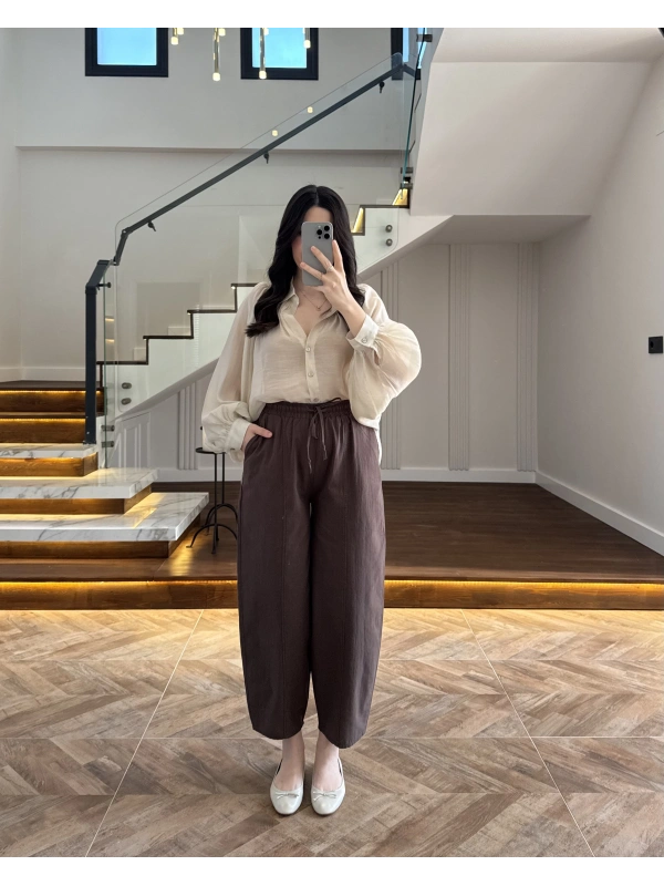 LASTİKLİ ŞALVAR PANTOLON KAHVE-3905