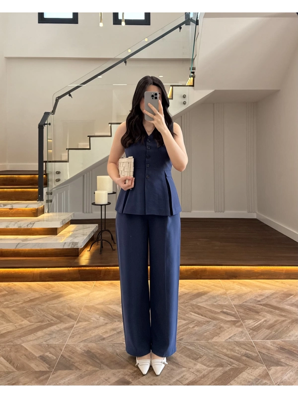 LACİVERT PİLELİ YELEK TAKIM-9041