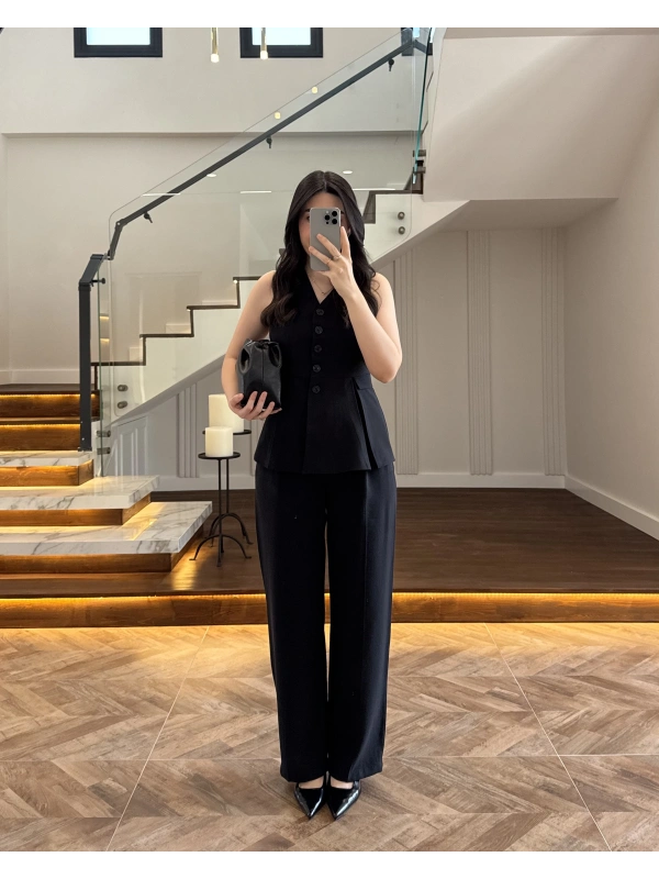 SİYAH PİLELİ YELEK TAKIM-9041