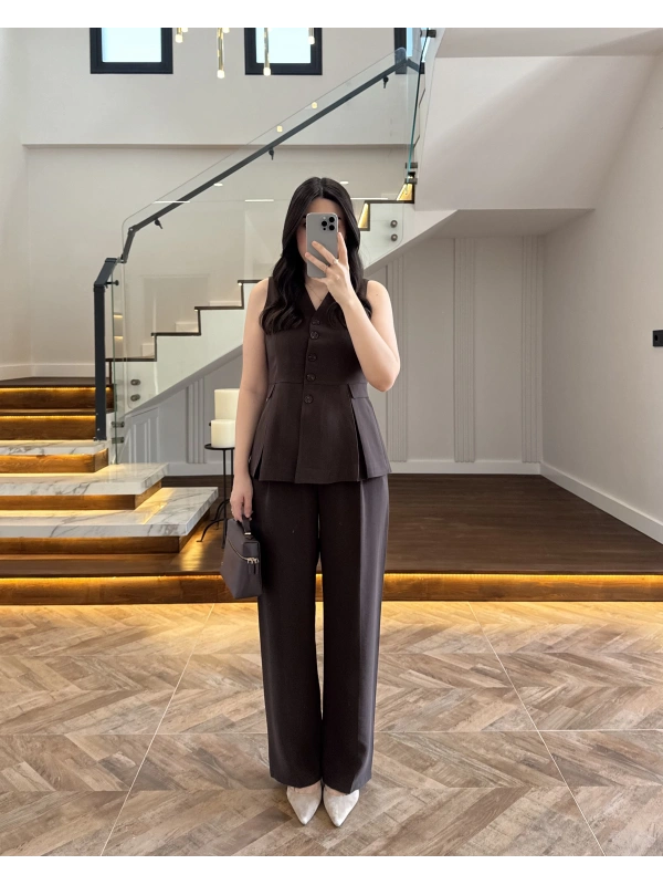 KAHVE PİLELİ YELEK TAKIM-9041