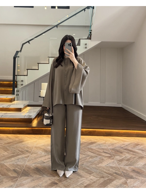 HAKİ BÜZGÜLÜ SALAŞ BLUZ TAKIM -9051