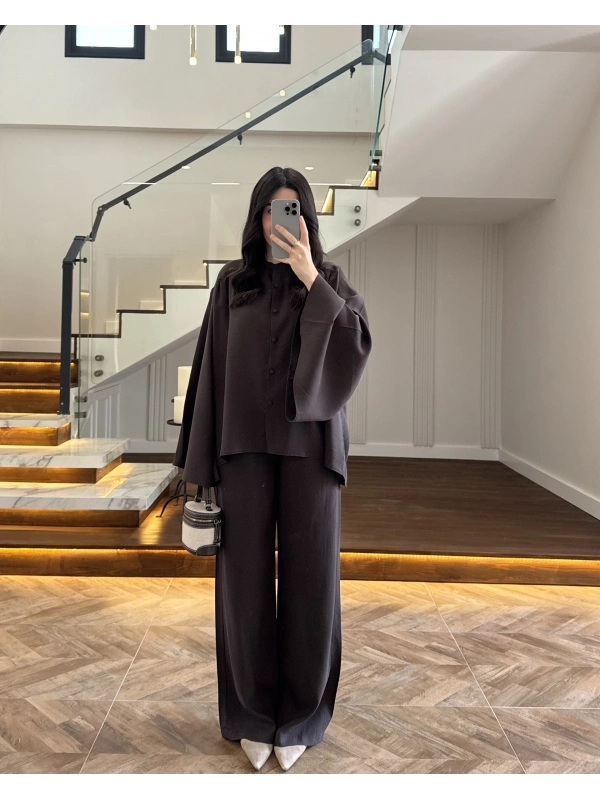 KAHVE BÜZGÜLÜ SALAŞ BLUZ TAKIM -9051