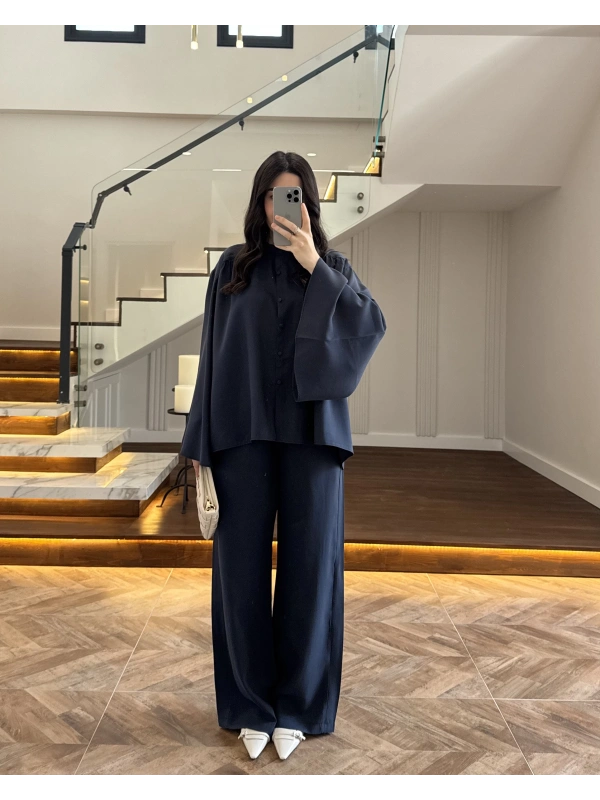 LACİVERT BÜZGÜLÜ SALAŞ BLUZ TAKIM -9051