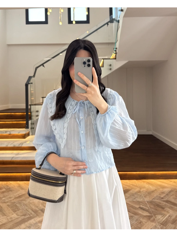 MAVİ DANTEL YAKA GÖMLEK -2223