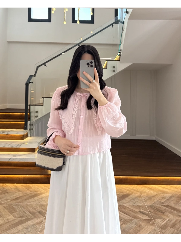 PEMBE DANTEL YAKA GÖMLEK -2223