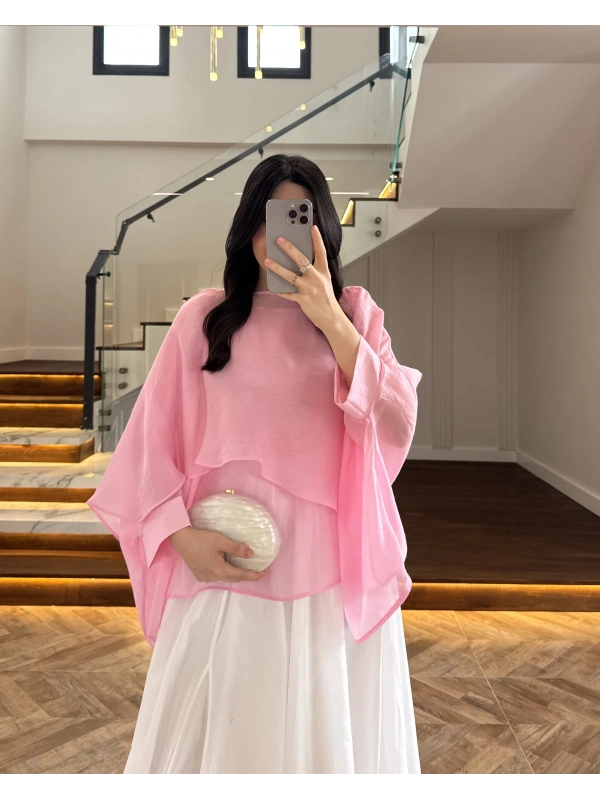 PEMBE UÇUŞAN PELERİN BLUZ -5026