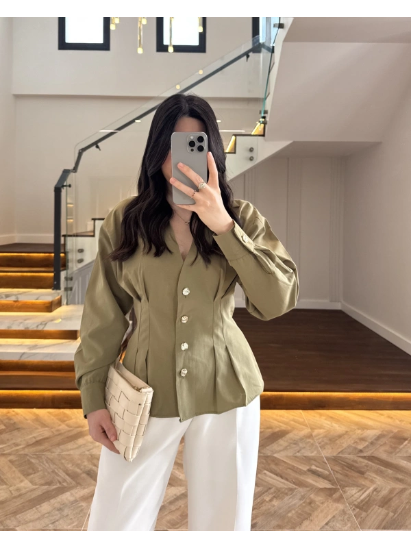 HAKİ PİLE DETAY V YAK GÖMLEK-2222