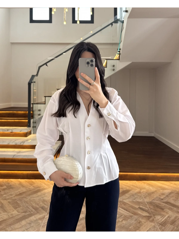 BEYAZ PİLE DETAY V YAK GÖMLEK-2222