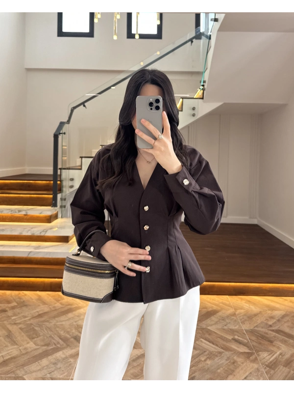 KAHVE PİLE DETAY V YAK GÖMLEK-2222