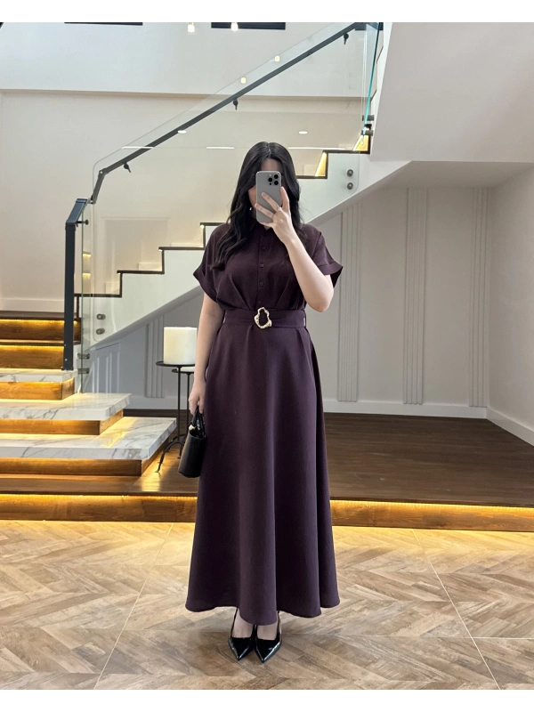 MÜRDÜM GOLD KEMER DETAYLI VİSKON ELBİSE -2376