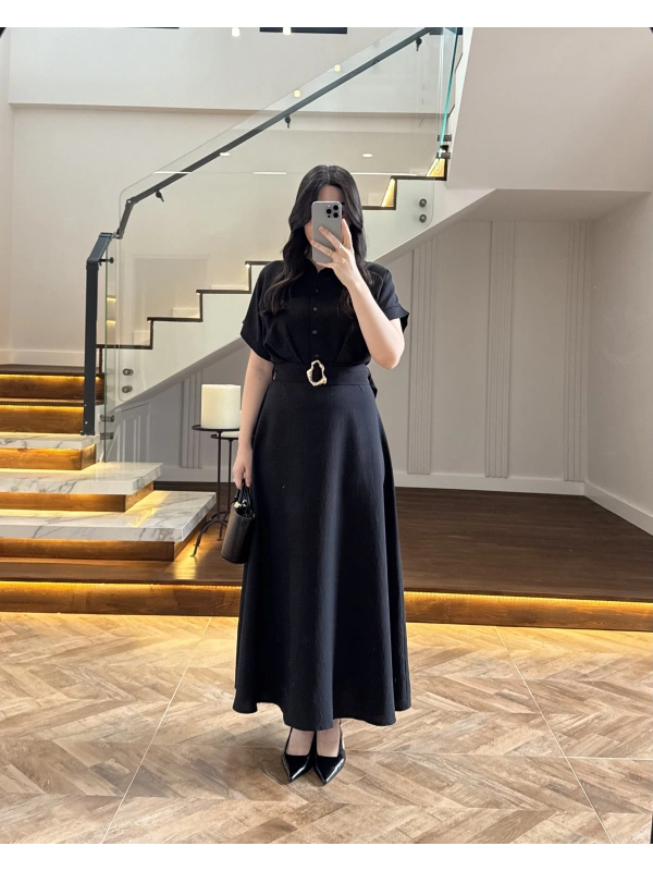 SİYAH GOLD KEMER DETAYLI VİSKON ELBİSE -2376