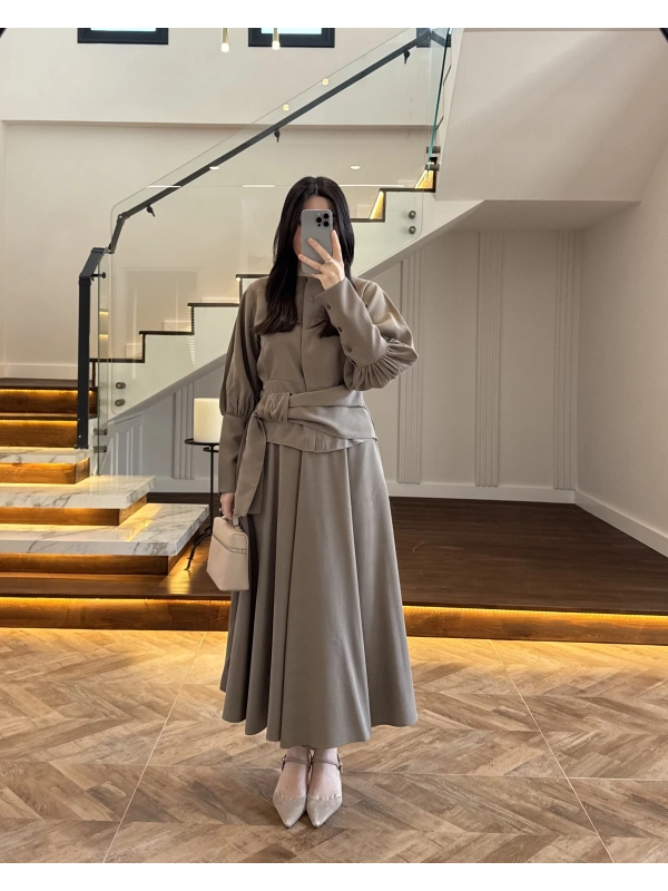 HAKİ PAPYONLU ETEK TAKIM -9036