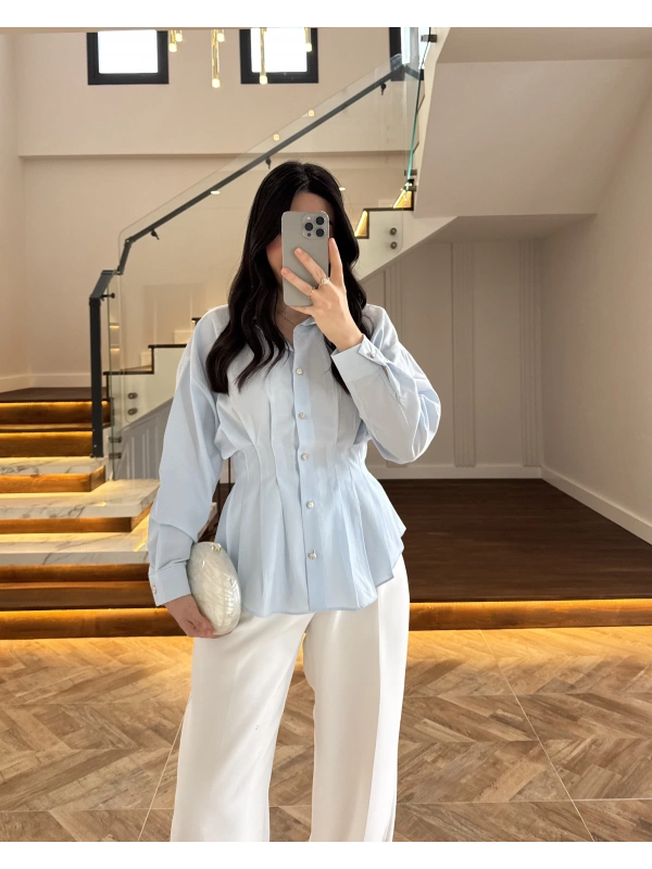 BEBE MAVİ DÜĞMELİ PİLELİ GÖMLEK MAVİ-2247
