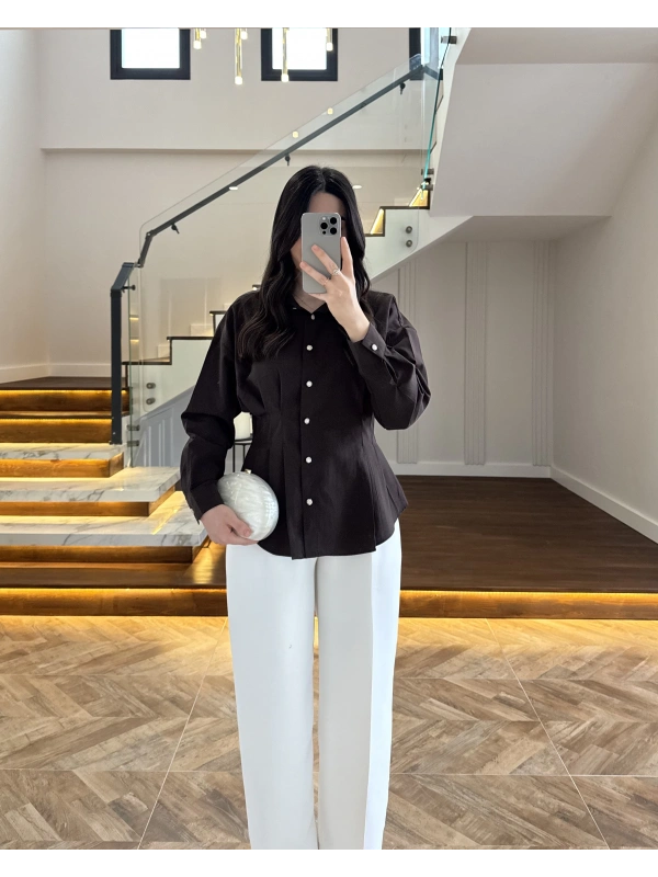 KAHVE DÜĞMELİ PİLELİ GÖMLEK KAHVE -2247