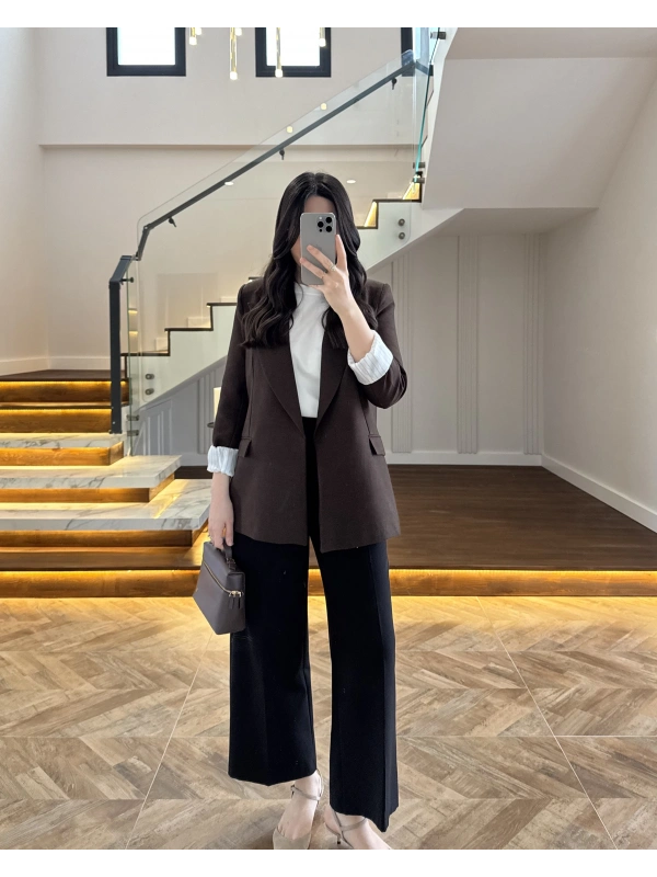 KAHVE ÇİZGİLİ ASTARLI CEKET- 7627