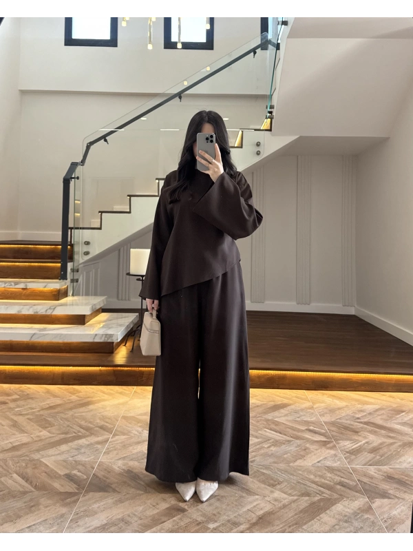 KAHVE ASİMETRİK KUŞAKLI TAKIM-9099