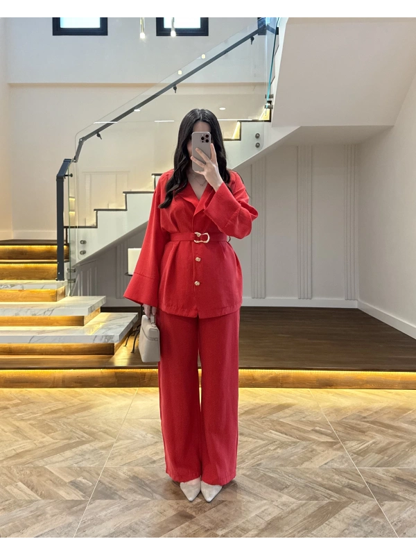 KIRMIZI TOKA DETAYLI TUNİK TAKIM -8927