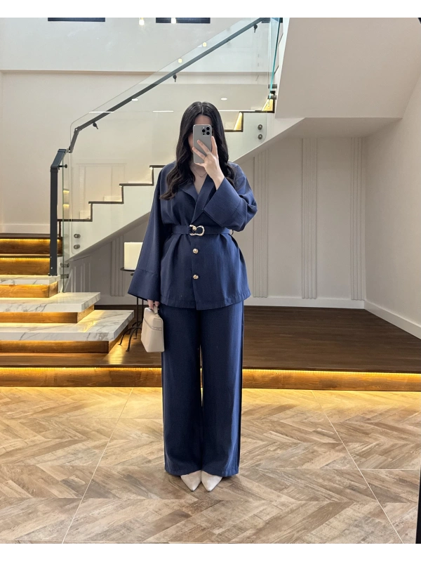 LACİVERT TOKA DETAYLI TUNİK TAKIM -8927