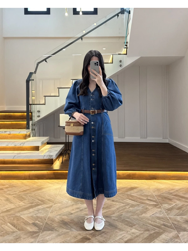 DENIM YARIM KOL ELBİSE -7240