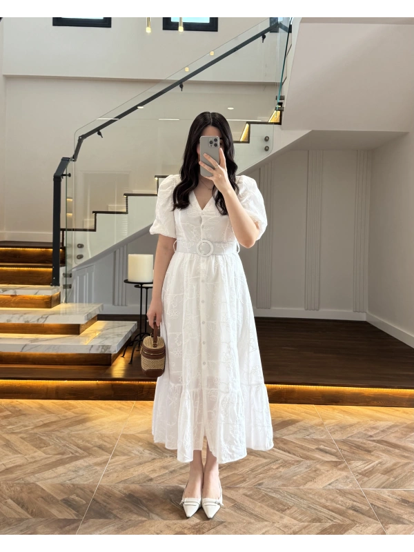 BALON KOL V YAKA ÇİÇEK BASKILI ELBİSE - 3076