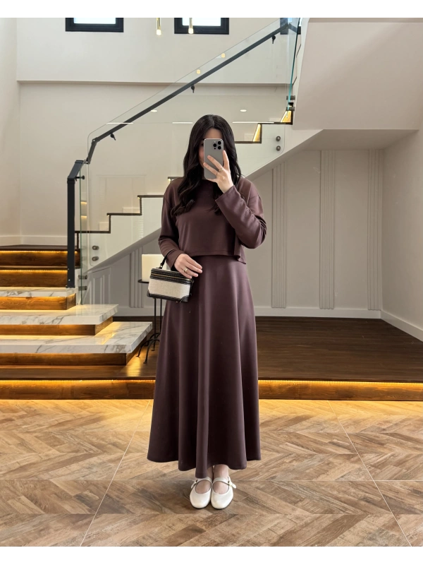 KAHVERENGİ MODAL İKİLİ ELBİSE -4064